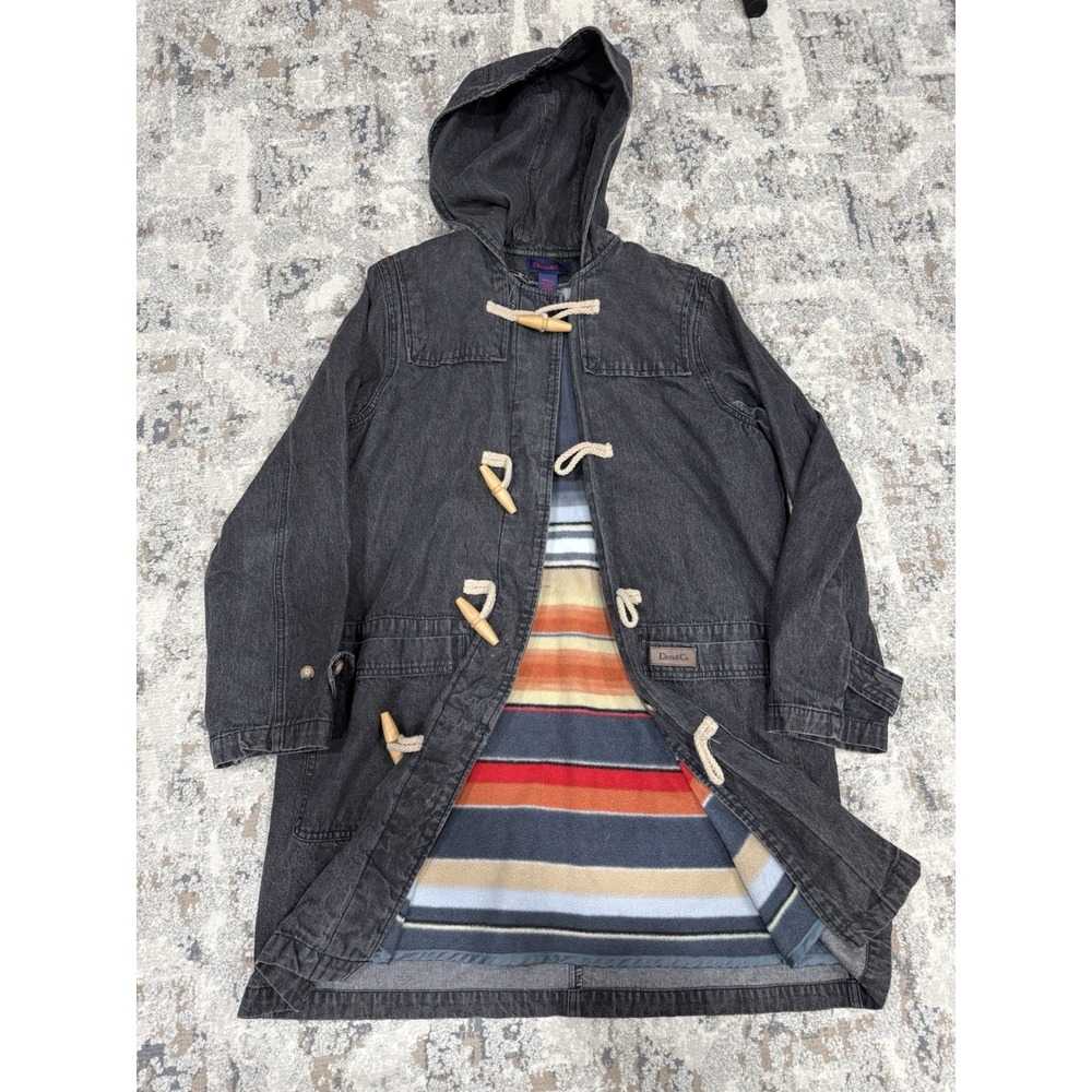 Denim & Co Hooded Denim Duffle Coat Size Med Black Blanket Lined Toggle Button‎